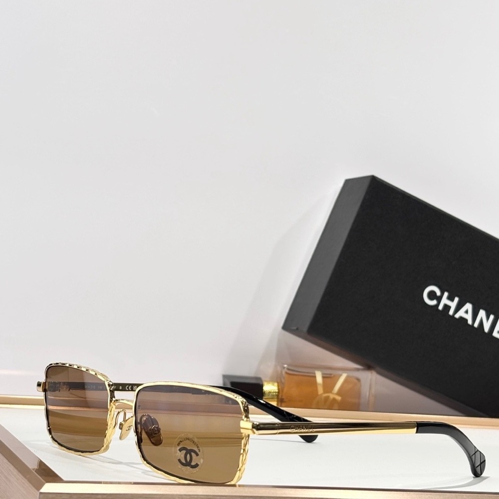 CHANEL Gold and Black Rectangular Sunglasses